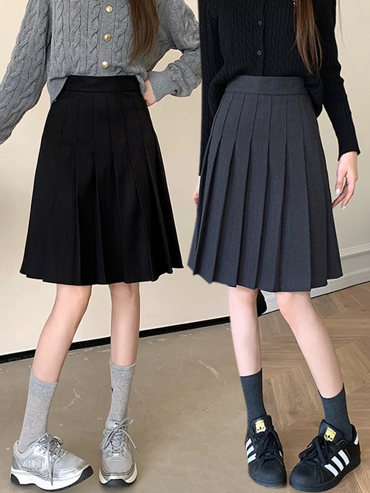 Váy len xếp ly cỡ lớn, váy dài trung bình dành cho nữ, mùa thu đông, lưng cao, phong cách preppy, váy chữ A, váy ngắn thon gọn.