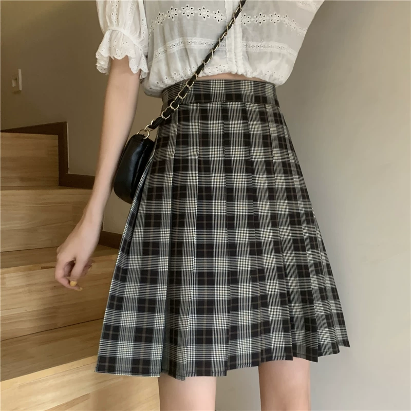 Váy xếp ly JK kẻ sọc dài vừa phải cạp cao cỡ lớn dành cho nữ, phong cách mùa hè mới dành cho những cô nàng mũm mĩm, váy chữ A kiểu học sinh giúp thon gọn.