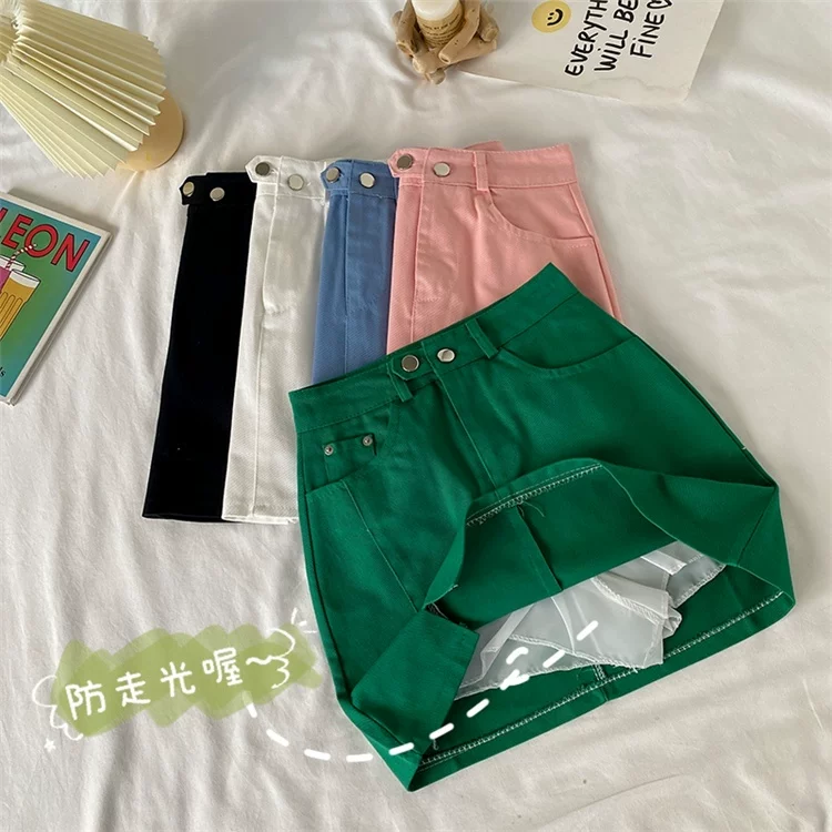 Váy denim mini xẻ tà cỡ lớn dành cho nữ, mùa hè, lưng cao, váy chữ A mỏng, tôn dáng, che hông, váy bút chì đa năng.