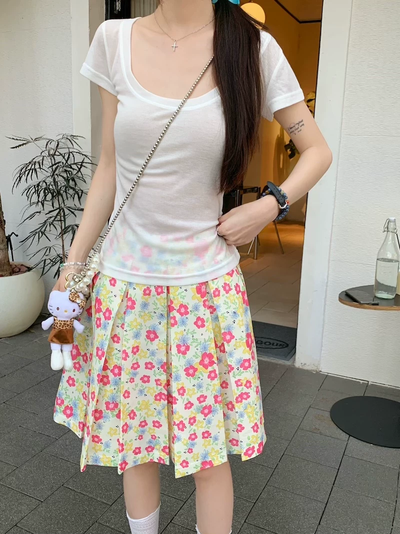 Váy xếp ly phong cách hoa tươi mát, váy nữ dáng dài trung bình, cạp cao, tôn dáng, size lớn, mùa hè, kiểu dáng chữ A