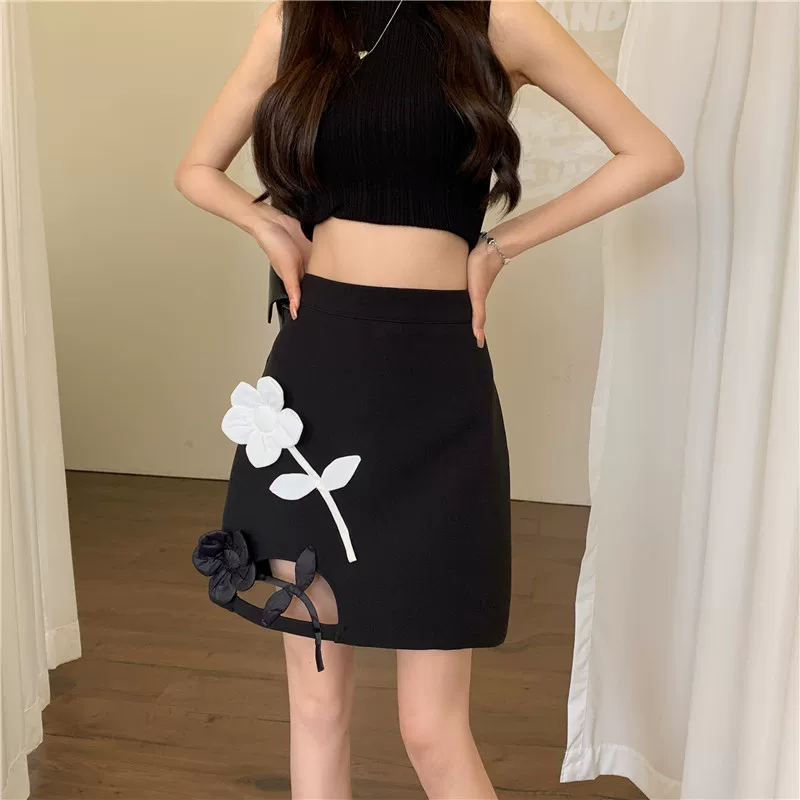 Váy ngắn hoa ba chiều theo phong cách retro, thiết kế tinh tế dành cho nữ, váy chữ A cạp cao mùa hè, váy nửa thân khoét lỗ tôn dáng.