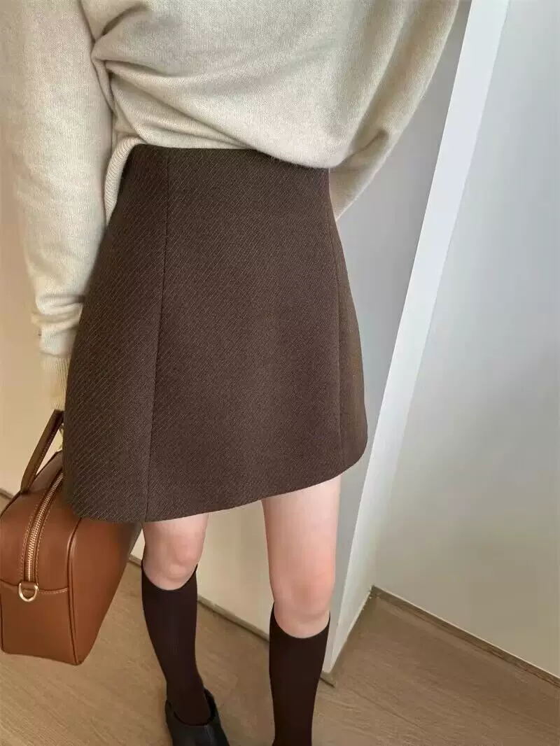 Váy xám cho nữ, mùa thu đông, cỡ lớn, váy ngắn len dày, váy bút chì lưng cao, váy chữ A giảm béo màu cà phê.