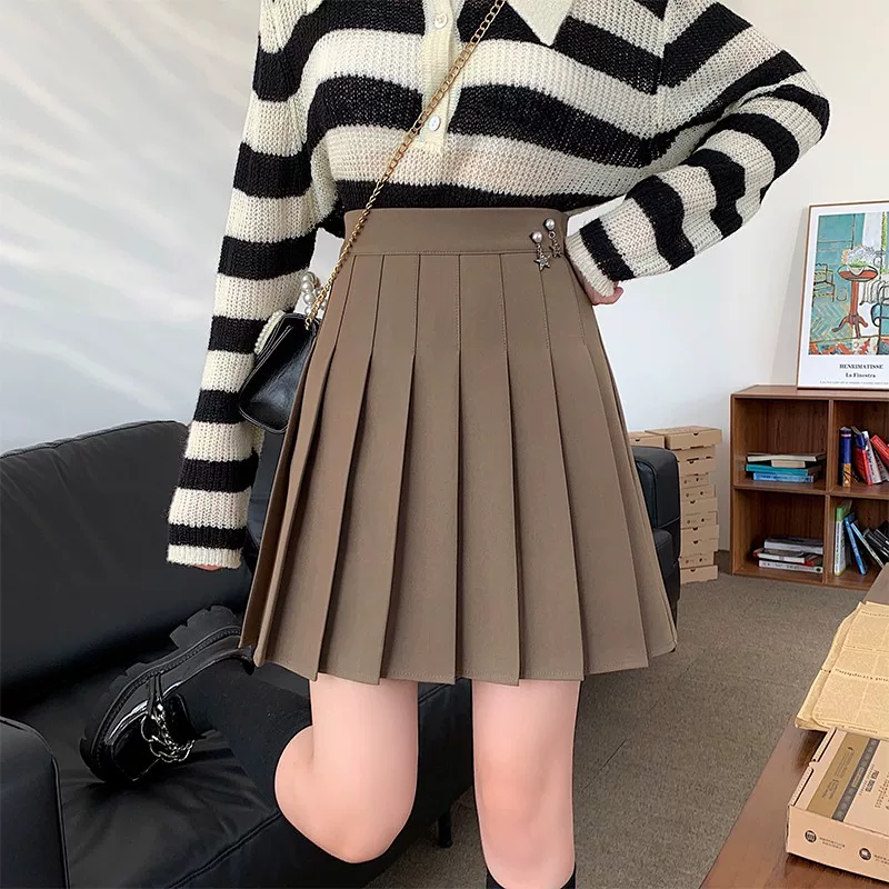 Váy xếp ly màu kaki cỡ lớn, váy chữ A cạp cao giảm béo mùa hè dành cho nữ, phong cách đại học, váy ngắn dành cho phụ nữ cỡ lớn, váy vest.