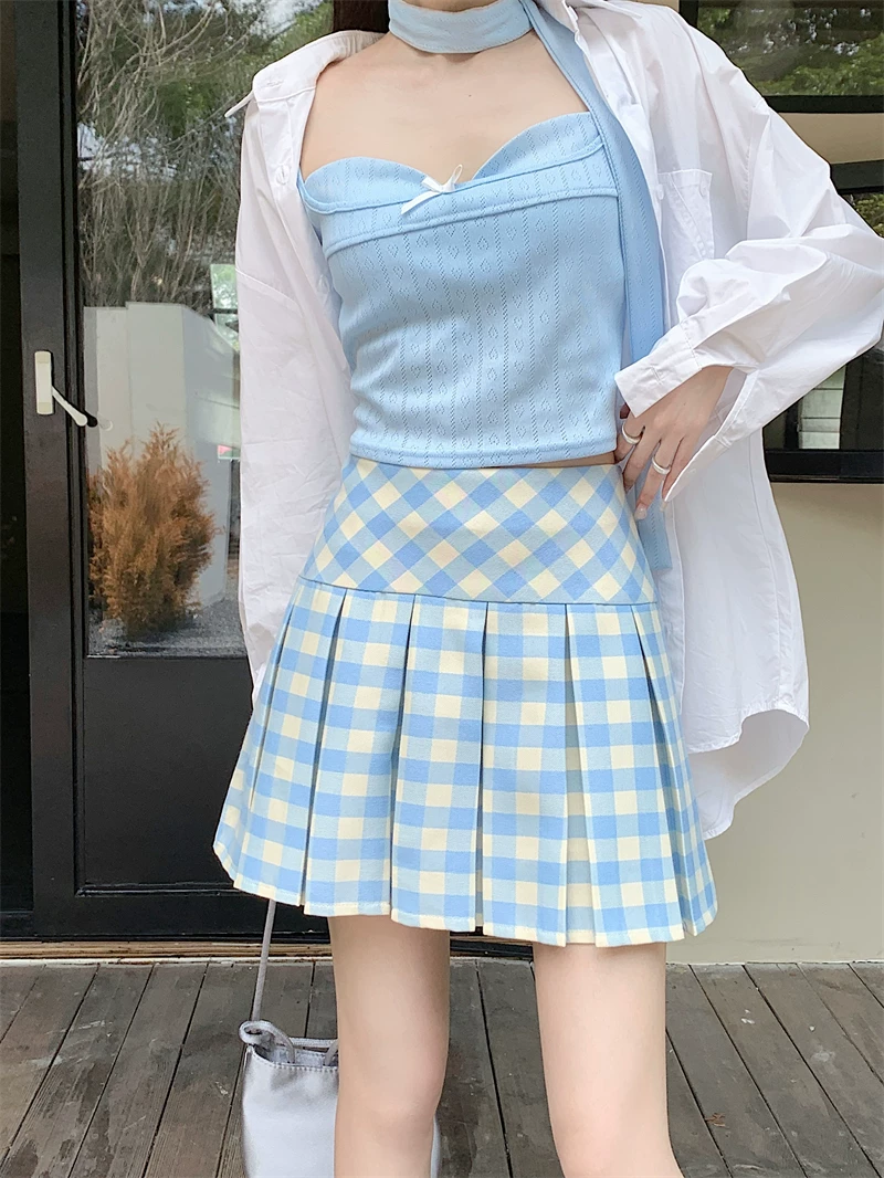 Váy xếp ly kẻ sọc xanh kiểu Mỹ dành cho nữ, cỡ lớn, váy chữ A cạp cao, phong cách đại học mùa hè, váy ngắn kẻ sọc chống lộ