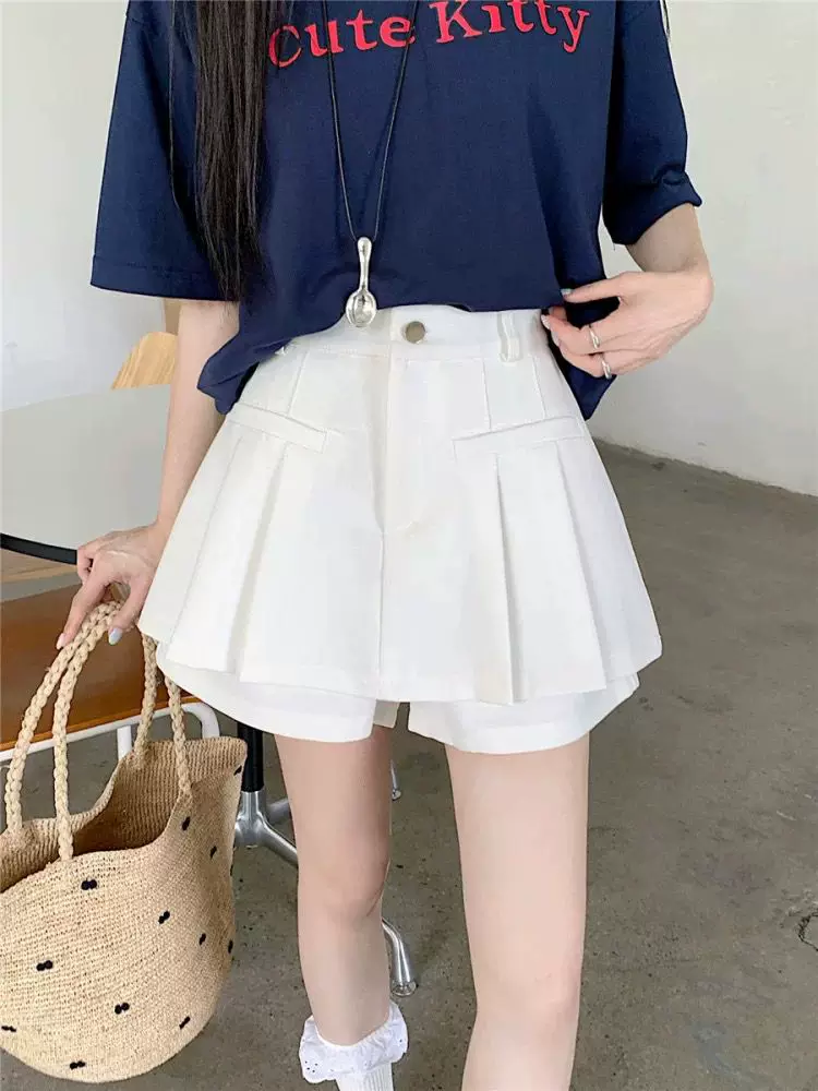 Quần váy xếp ly màu xám dành cho nữ, quần váy không đều mùa hè, cỡ lớn, eo cao, giảm béo, váy ngắn chữ A chống lộ