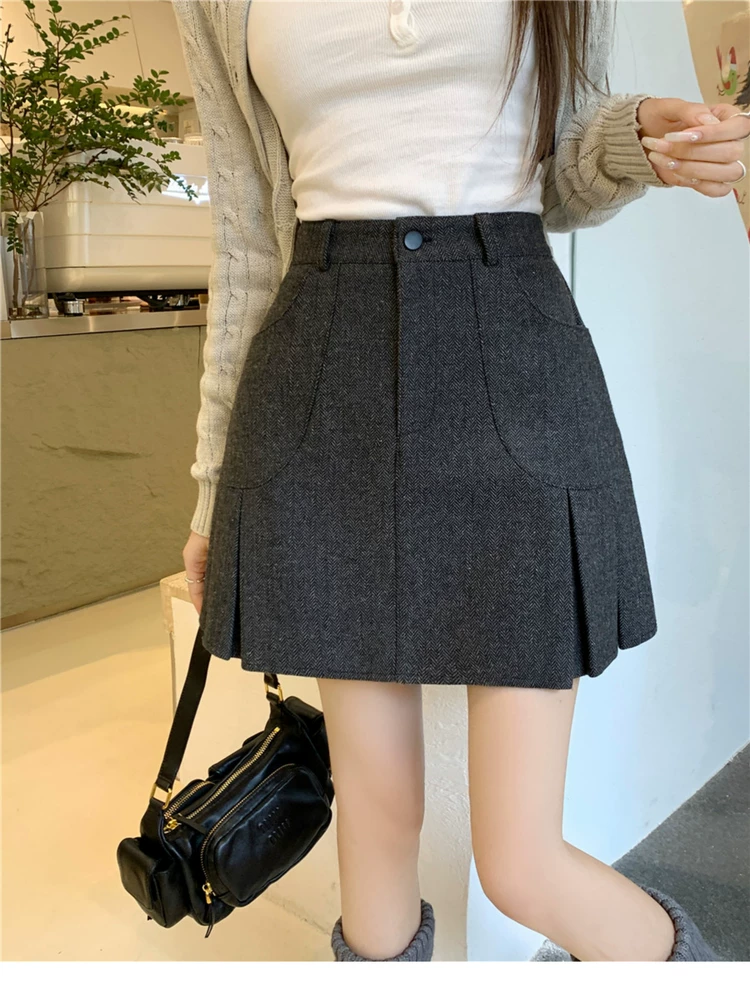 Váy len xếp ly màu xám dành cho nữ, váy nửa thân mùa thu đông, váy cạp cao che hông cỡ lớn, váy ngắn chữ A chống lộ tôn dáng