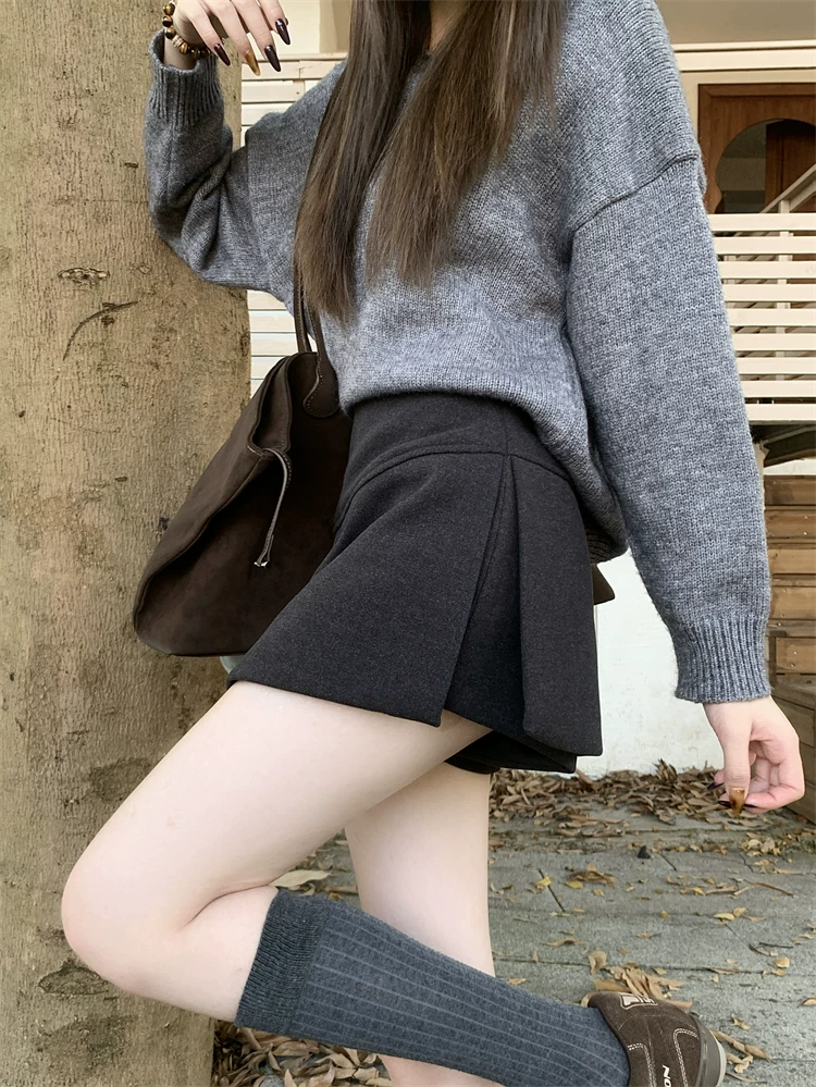 Quần váy xẻ tà màu xám cỡ lớn dành cho nữ, mùa thu đông, quần short giảm béo lưng cao, váy ngắn chữ A, quần váy len.