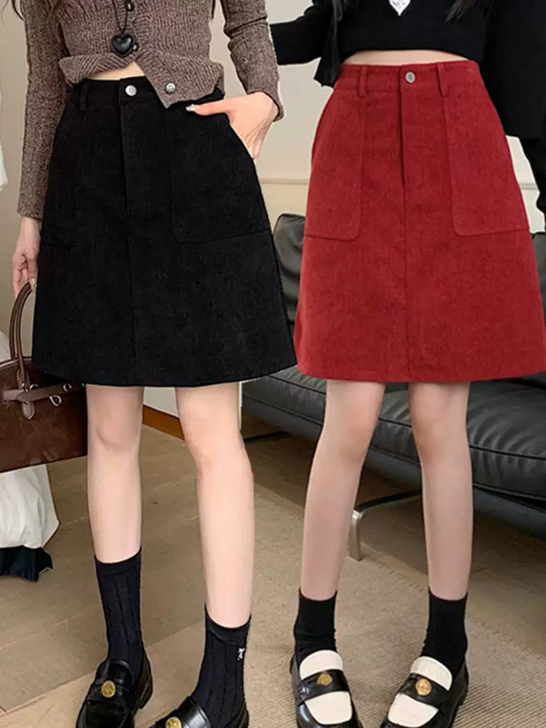 Váy nhung đỏ cổ điển cỡ lớn dành cho nữ, váy bút chì cạp cao tôn dáng mùa thu đông, váy ngắn chữ A, váy midi ôm hông.