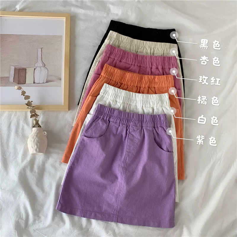 Váy tím cỡ lớn dành cho nữ, mùa hè 2021, váy ngắn chữ A lưng cao phong cách Hàn Quốc, váy ôm hông chống lộ.