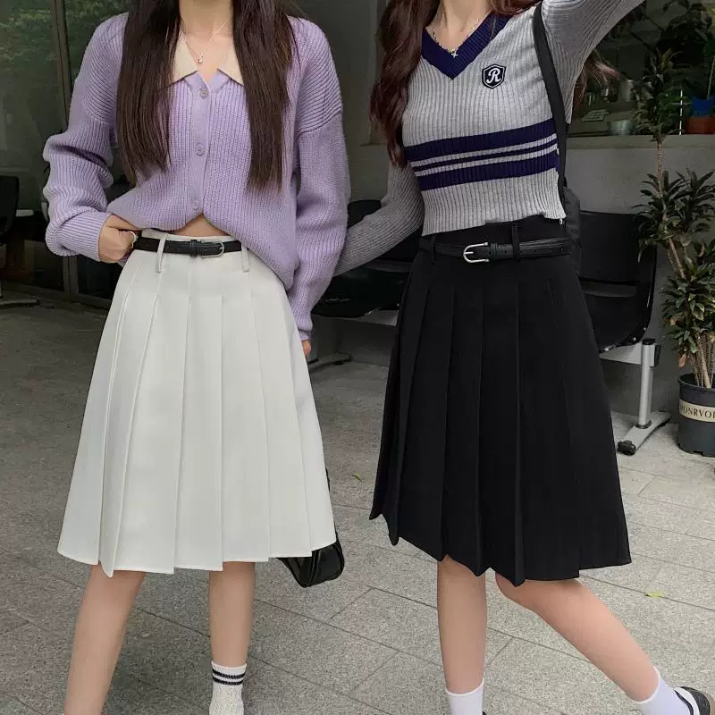 Váy xếp ly màu xám dành cho nữ, mùa xuân hè, dài vừa phải, cỡ lớn, lưng cao, tôn dáng, váy chữ A phồng, váy kiểu preppy.