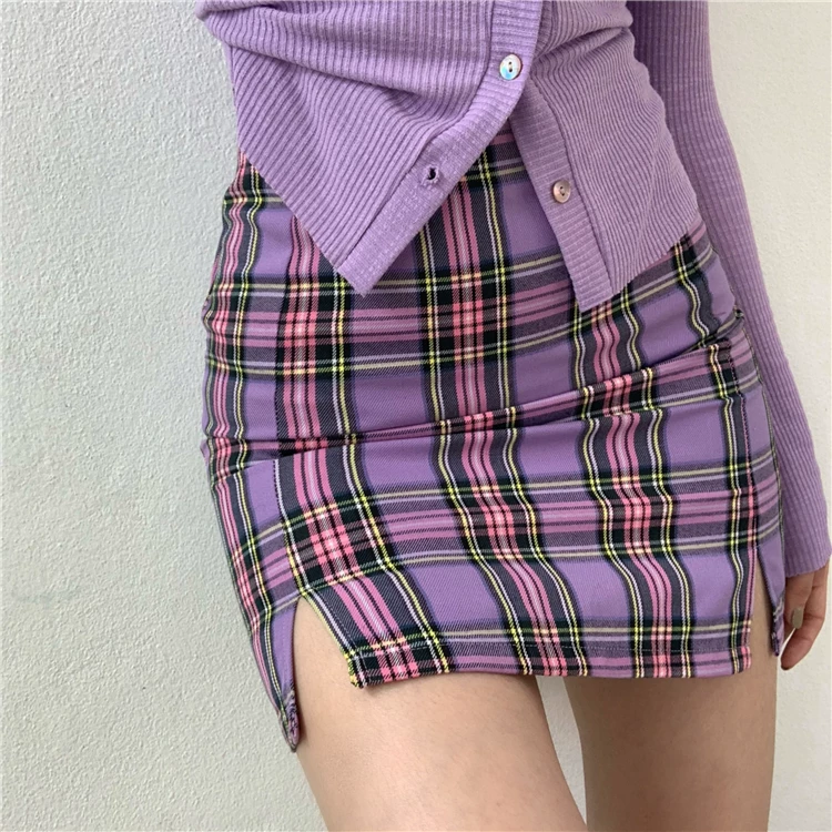 Váy kẻ sọc tím lưng cao cỡ lớn dành cho nữ, mùa hè, váy chữ A đa năng, tôn dáng, có đường xẻ để chống lộ, váy ôm hông.