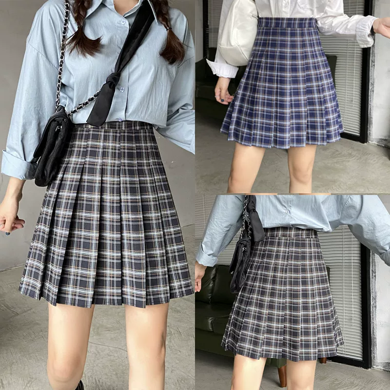 Váy xếp ly kẻ sọc cho nữ, mùa xuân hè, cỡ lớn, lưng cao, phong cách preppy, dáng chữ A, váy ôm sát, giảm béo cho phụ nữ cỡ lớn, váy kẻ sọc JK.