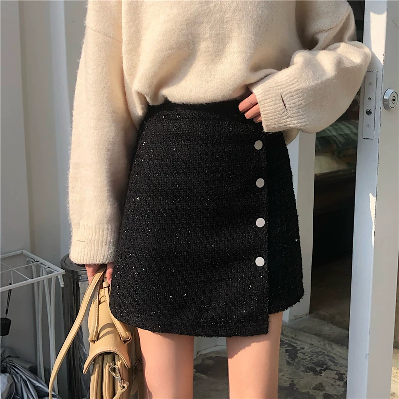 Váy ngắn tweed cỡ lớn dành cho nữ, mùa thu đông, váy chữ A cạp cao tôn dáng, váy nửa thân len dáng bất quy tắc.