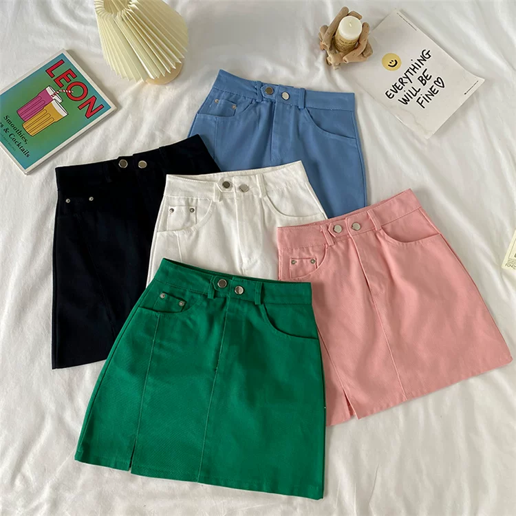 Váy denim mini xẻ tà cỡ lớn dành cho nữ, mùa hè, lưng cao, váy chữ A mỏng, tôn dáng, che hông, váy bút chì đa năng.