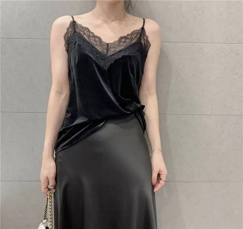 Áo camisole nhung dây mảnh gợi cảm phong cách Hàn Quốc, áo lót ren cổ V, kiểu dáng ôm dáng, áo lót thời trang