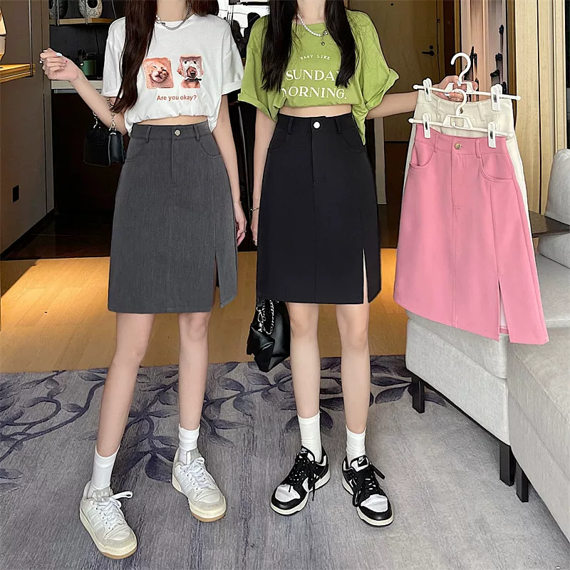 Váy công sở size lớn cho nữ, váy midi mùa hè, váy chữ A xẻ tà lưng cao, váy bút chì dài vừa vặn kiểu Hàn Quốc.