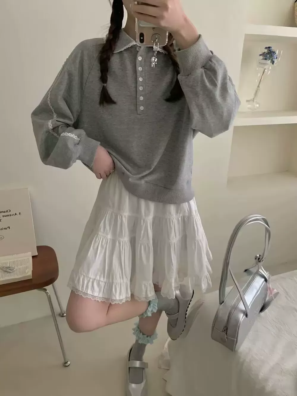 Váy ba lê trắng kiểu Pháp cỡ lớn dành cho nữ, váy ngắn dáng chữ A xòe cao eo mùa hè với viền ren ngọt ngào và thiết kế xếp tầng.