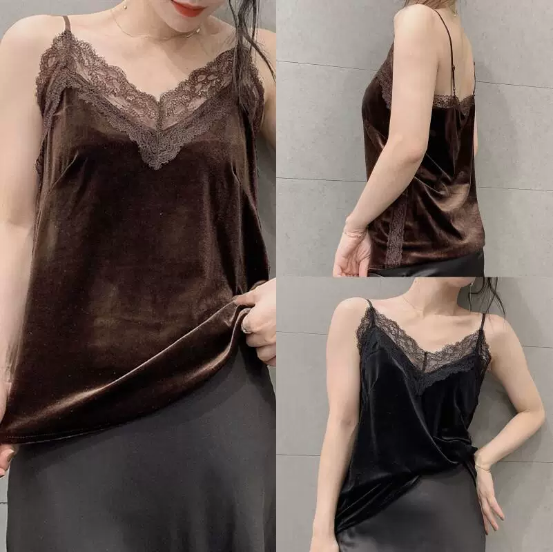 Áo camisole nhung dây mảnh gợi cảm phong cách Hàn Quốc, áo lót ren cổ V, kiểu dáng ôm dáng, áo lót thời trang