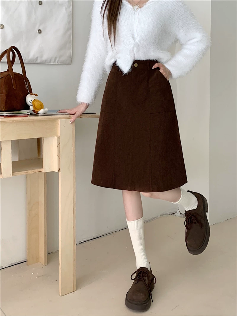 Váy midi nữ cỡ lớn, kiểu dáng mới thu đông, cạp cao, thon gọn, che bụng, dáng chữ A, ôm hông, váy ngắn bằng vải nhung.