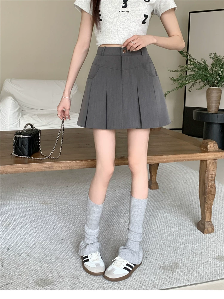 Váy xếp ly màu xám dành cho nữ, váy ngắn cạp cao, dáng ôm, thiết kế độc đáo, phong cách học sinh, kiểu dáng chữ A, size lớn, mùa hè.