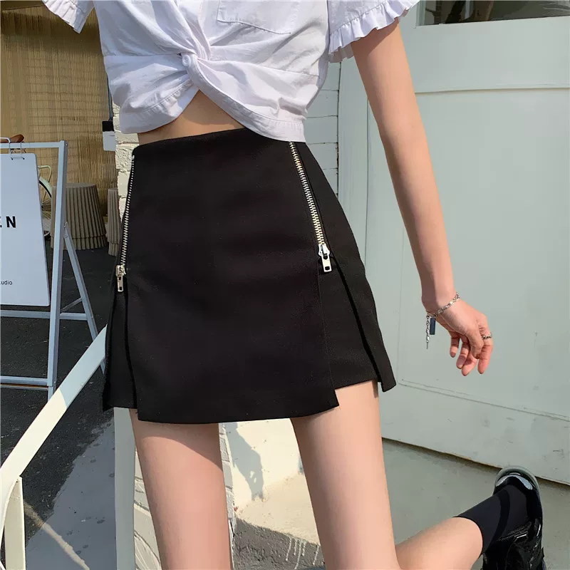 Váy ôm hông cho nữ, mùa xuân hè, xẻ tà, lưng cao, ôm dáng, váy chữ A không đều, quần váy cỡ lớn màu đen, váy ngắn