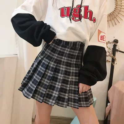 Váy xếp ly cho nữ, lưng cao, thu đông, cỡ lớn, phong cách Hàn Quốc, váy chữ A đa năng, váy ngắn, giảm béo, váy kẻ sọc JK, váy nửa thân.