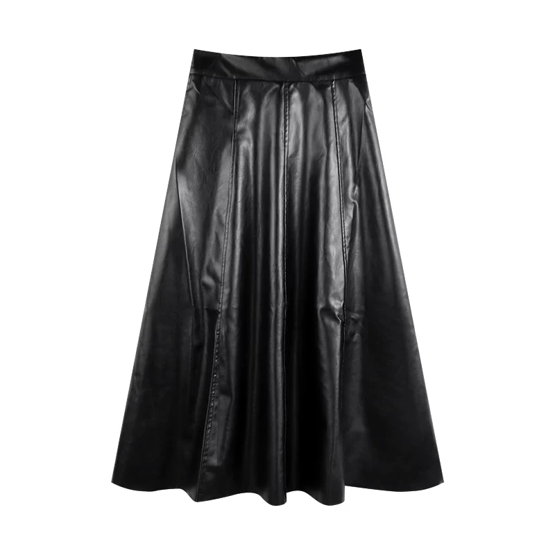 Chân váy da PU cao cấp dáng chữ A xòe dài trung bình, cạp cao, size lớn, mùa Thu/Đông 2025, có xếp ly và kiểu dáng ô dù