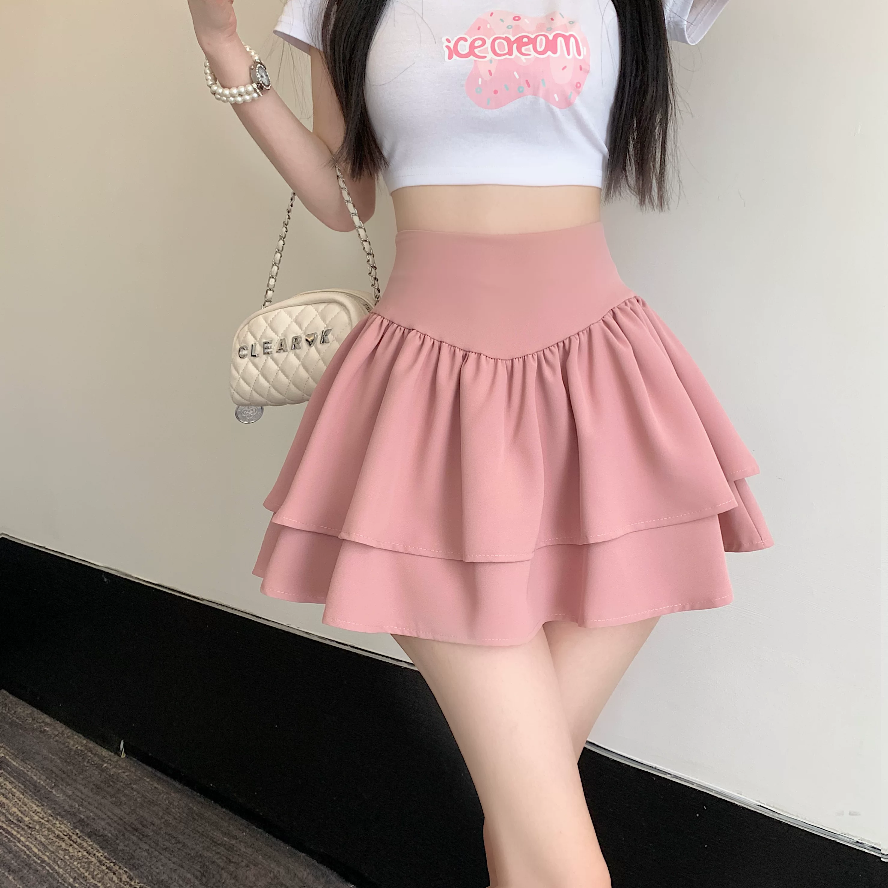 Váy xòe cao cấp phong cách Pháp mùa hè dành cho nữ, váy xếp tầng bèo nhún tôn dáng, váy ngắn chữ A cạp cao chống lộ