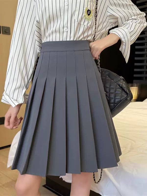 Váy xếp ly màu xám cực dài dành cho nữ, mùa xuân hè, lưng cao, tôn dáng, váy chữ A phong cách preppy, chống lộ, váy dài vừa phải.