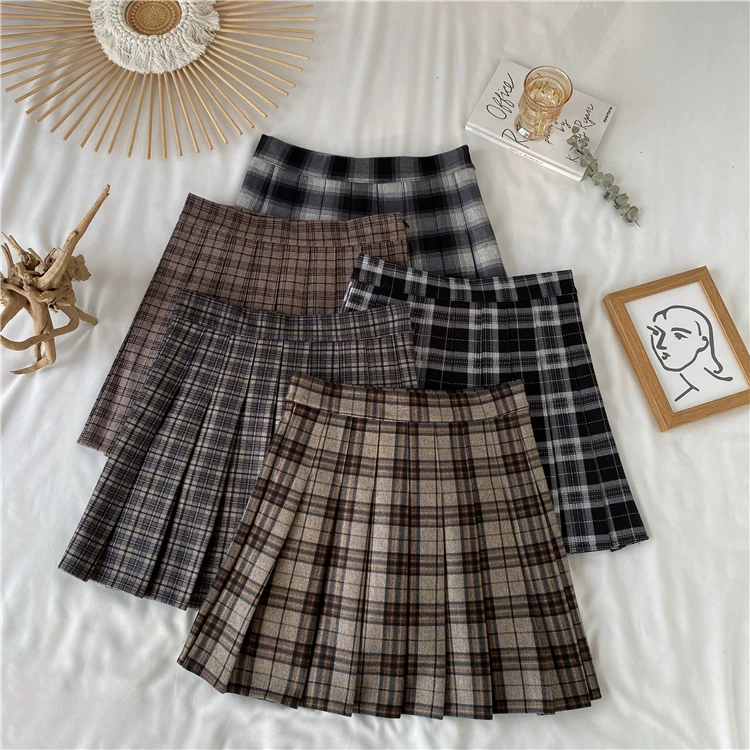 Váy xếp ly JK kẻ sọc cỡ lớn dành cho nữ, mùa thu đông, váy nửa thân cao eo dành cho những cô nàng mũm mĩm, váy ngắn chữ A, váy ngắn phồng phồng phong cách preppy.