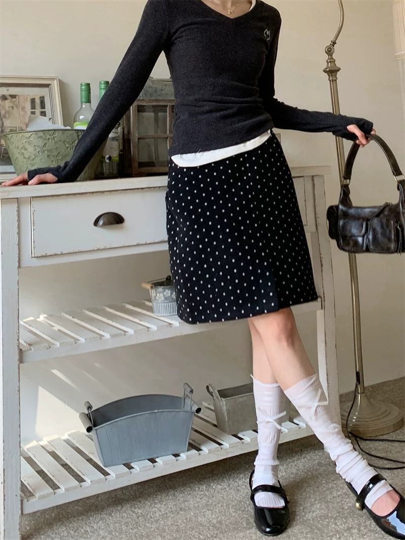 Váy len chấm bi kiểu Mỹ cổ điển dành cho nữ, kiểu mới xuân 2024, cạp cao, đa năng và tôn dáng