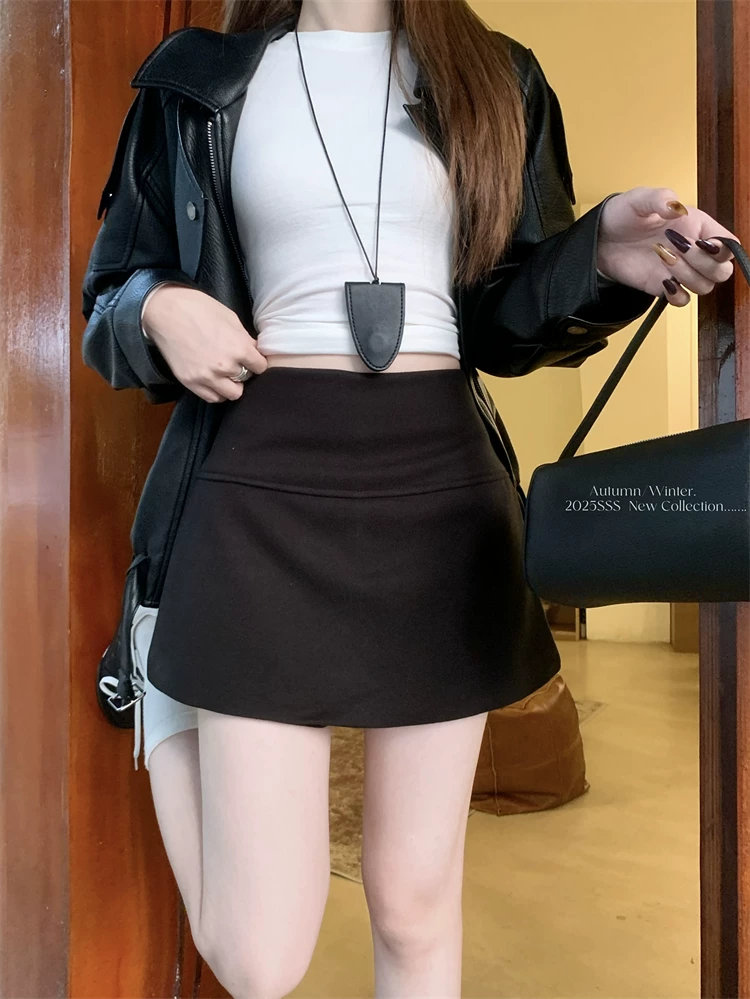 Quần váy xẻ tà màu xám cỡ lớn dành cho nữ, mùa thu đông, quần short giảm béo lưng cao, váy ngắn chữ A, quần váy len.