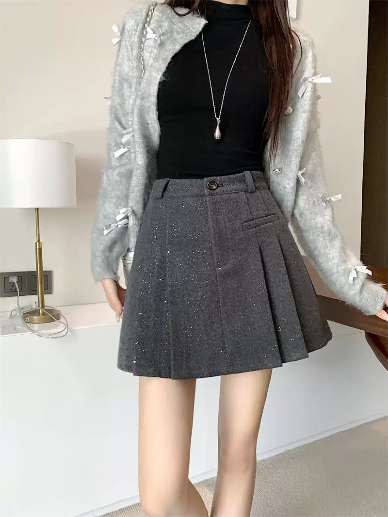 Váy xếp ly len dày bóng cỡ lớn dành cho nữ, mùa thu đông, váy ngắn chữ A đính sequin phong cách Chanel, váy nửa thân chống lộ.