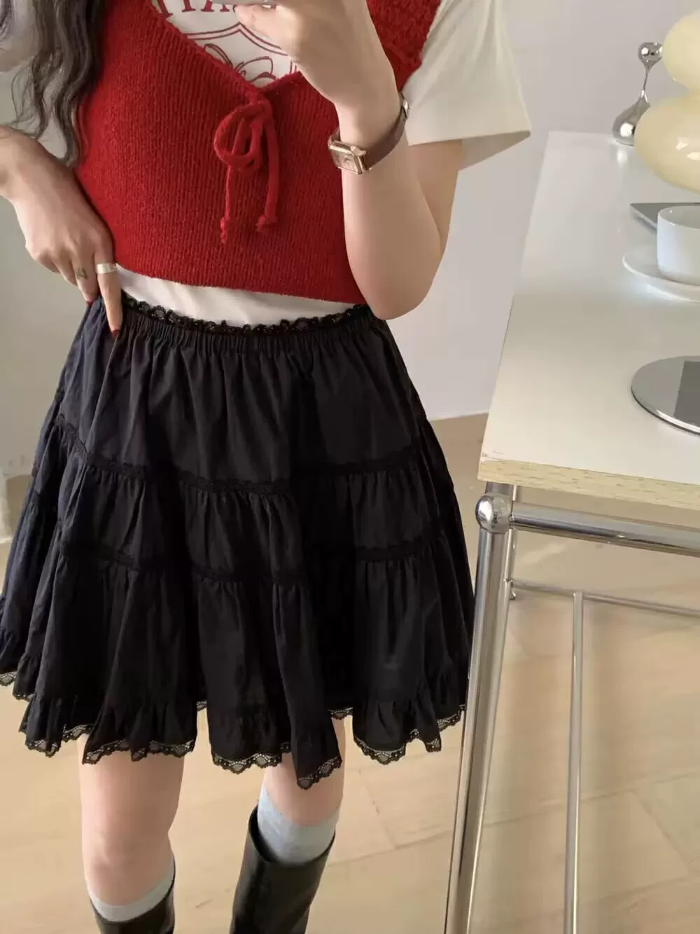 Váy ba lê trắng kiểu Pháp cỡ lớn dành cho nữ, váy ngắn dáng chữ A xòe cao eo mùa hè với viền ren ngọt ngào và thiết kế xếp tầng.