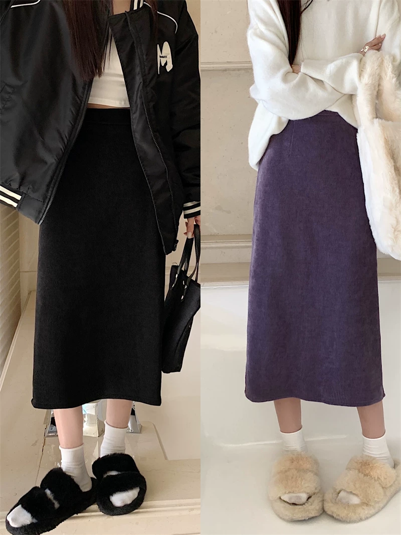 Váy nhung mùa đông, váy chữ A cạp cao cỡ lớn mùa thu đông dành cho nữ, váy bút chì xẻ tà dài trung bình.