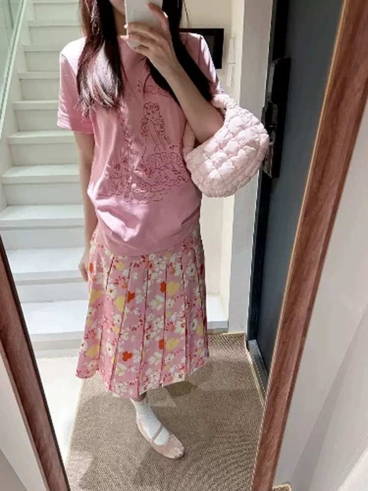 Váy hoa màu hồng cổ điển kiểu Mỹ dành cho nữ, váy chữ A cạp cao mùa hè, đa năng, che hông, váy xếp ly thon gọn, váy dài vừa phải