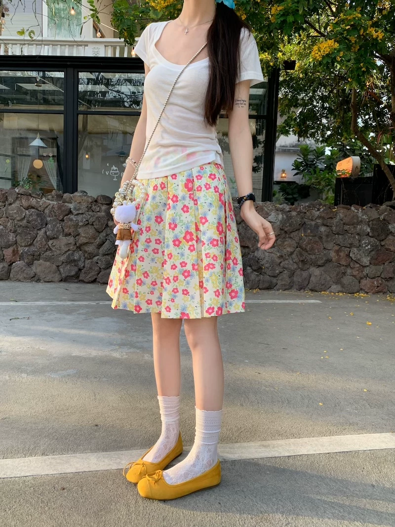 Váy xếp ly phong cách hoa tươi mát, váy nữ dáng dài trung bình, cạp cao, tôn dáng, size lớn, mùa hè, kiểu dáng chữ A