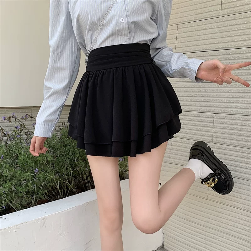 Váy xếp tầng xếp ly chữ A lưng cao bằng vải voan cỡ lớn mùa xuân hè 2023 váy phồng váy ngắn chống lộ váy nửa thân che hông