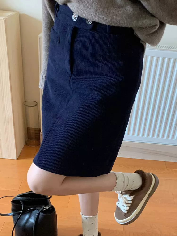 Váy nhung kẻ sọc xanh hải quân dành cho nữ, váy midi dáng chữ A mùa thu đông, cạp cao, cỡ lớn, tôn dáng, váy bút chì, váy ngắn.