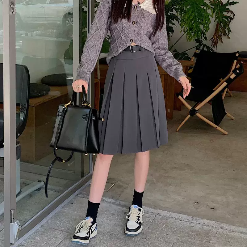 Váy xếp ly màu xám cổ điển kiểu Mỹ, váy phong cách preppy dành cho nữ, thiết kế cỡ lớn mùa xuân hè, váy chữ A dài vừa phải