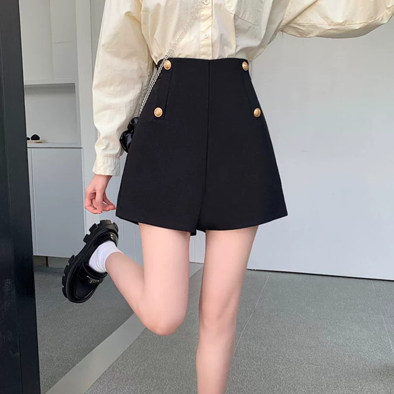 Quần short vest đen nữ, quần short mùa hè cạp cao dáng A, quần rộng ống rộng dáng A suông mỏng tôn dáng