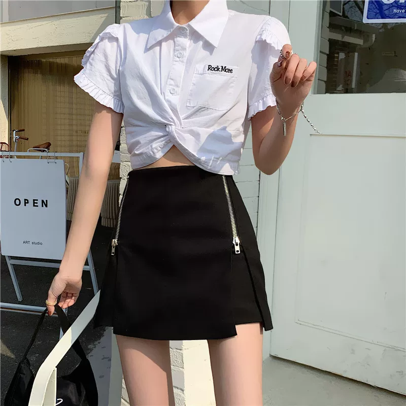 Váy ôm hông cho nữ, mùa xuân hè, xẻ tà, lưng cao, ôm dáng, váy chữ A không đều, quần váy cỡ lớn màu đen, váy ngắn