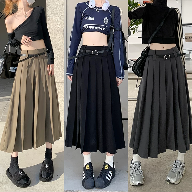 Váy xếp ly màu xám, cạp cao, dáng dài trung bình, dành cho nữ, thiết kế dành cho người có thân hình đầy đặn, kiểu dáng chữ A giúp tôn dáng và che khuyết điểm vùng hông.