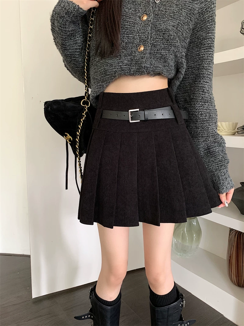 Váy xếp ly chữ A bằng vải nhung kiểu Mỹ cổ điển, váy ngắn che hông gợi cảm mùa thu đông, váy thiết kế cạp cao cỡ lớn