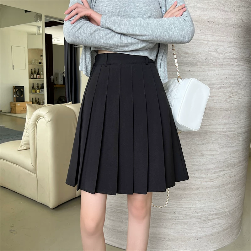 Váy xếp ly lưng cao phong cách đại học hơi mũm mĩm dành cho nữ, váy chữ A che thân mùa hè, váy midi màu xám, váy ngắn thon gọn.