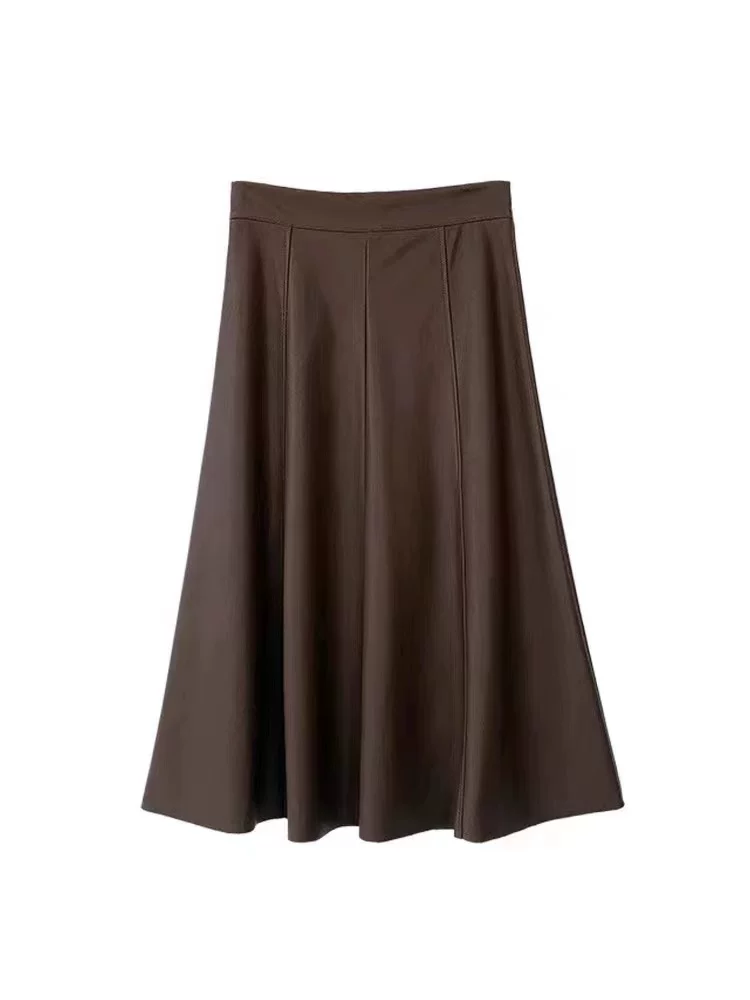 Váy da PU cạp cao cỡ lớn dành cho nữ, váy dài che bụng màu trơn mùa thu đông, váy chữ A thon gọn cho dáng quả lê.