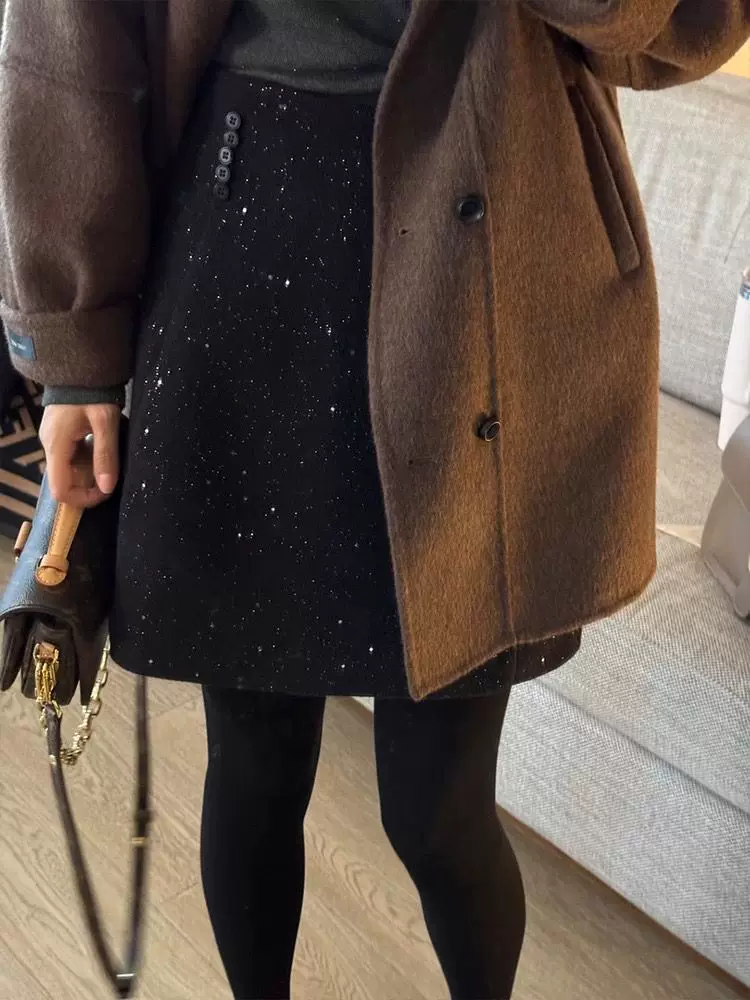 Váy len sequin cỡ lớn dành cho nữ, váy sáng bóng mùa thu đông, thiết kế cạp cao, váy chữ A, váy ngắn ôm hông.