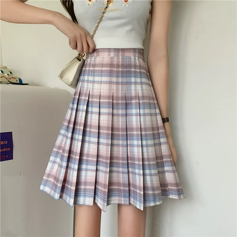 Váy kẻ sọc JK váy xếp ly màu tím váy dài vừa phải dành cho phụ nữ cỡ lớn váy chữ A cạp cao kiểu dáng học sinh giúp thon gọn