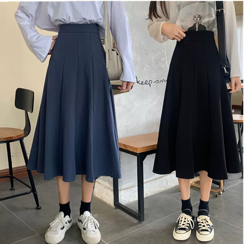 Váy dài ngang đùi, cạp cao, size lớn cho nữ, mùa thu, phù hợp với dáng người quả lê, kiểu dáng chữ A xếp ly, tôn dáng, che hông, vạt váy rộng.