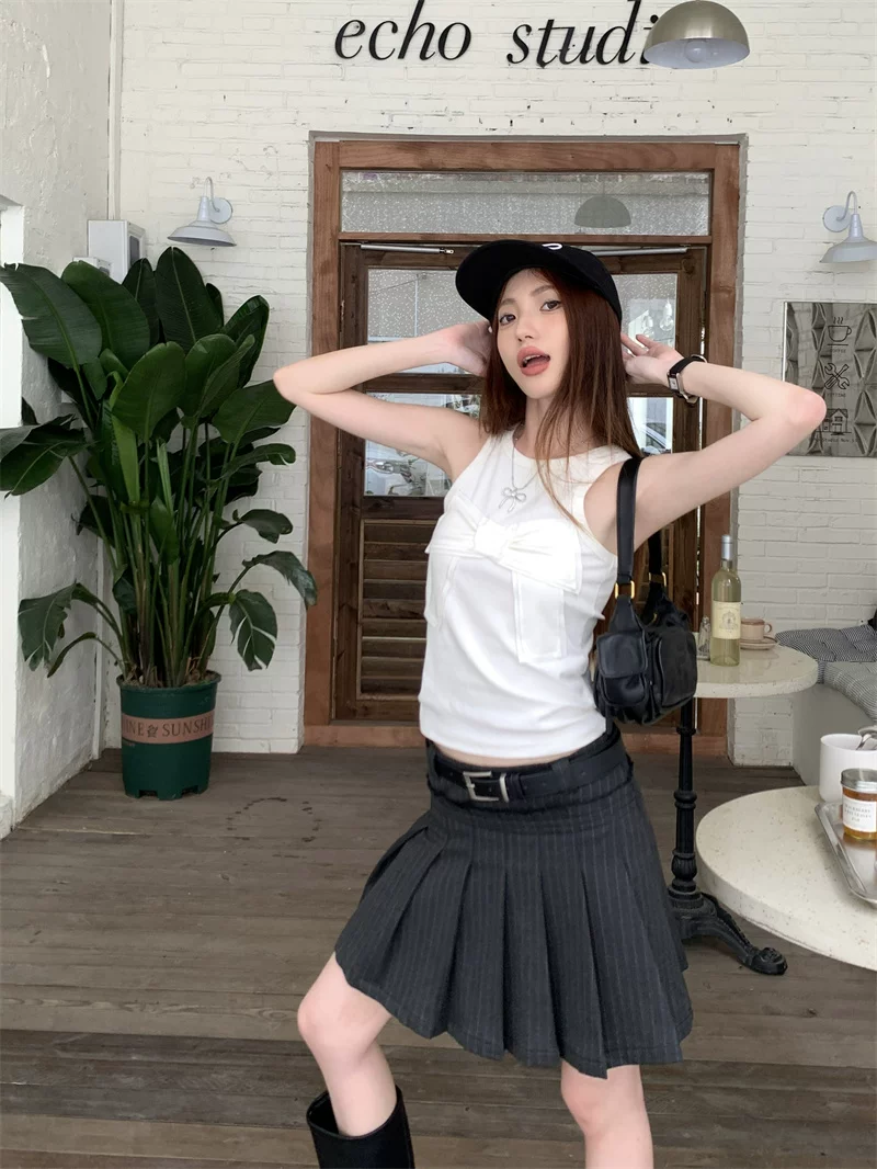 Váy xếp ly sọc xám cỡ lớn dành cho nữ, váy ngắn kiểu học sinh lưng cao mùa hè, váy chữ A chống lộ.